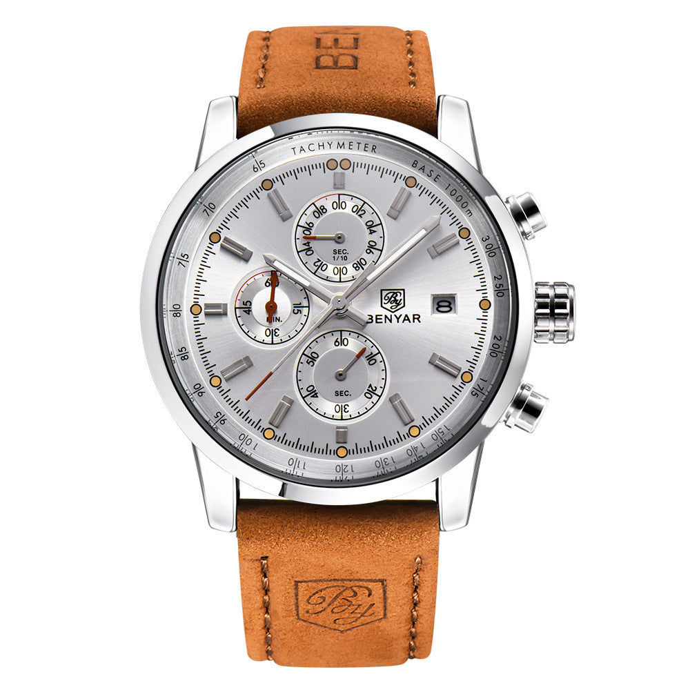 BENYAR Orion Series – Men's Waterproof Leather Strap Watch, Vintage-Inspired Quartz Timepiece with Date Display for Everyday Elegance