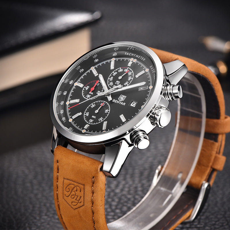 BENYAR Orion Series – Men's Waterproof Leather Strap Watch, Vintage-Inspired Quartz Timepiece with Date Display for Everyday Elegance