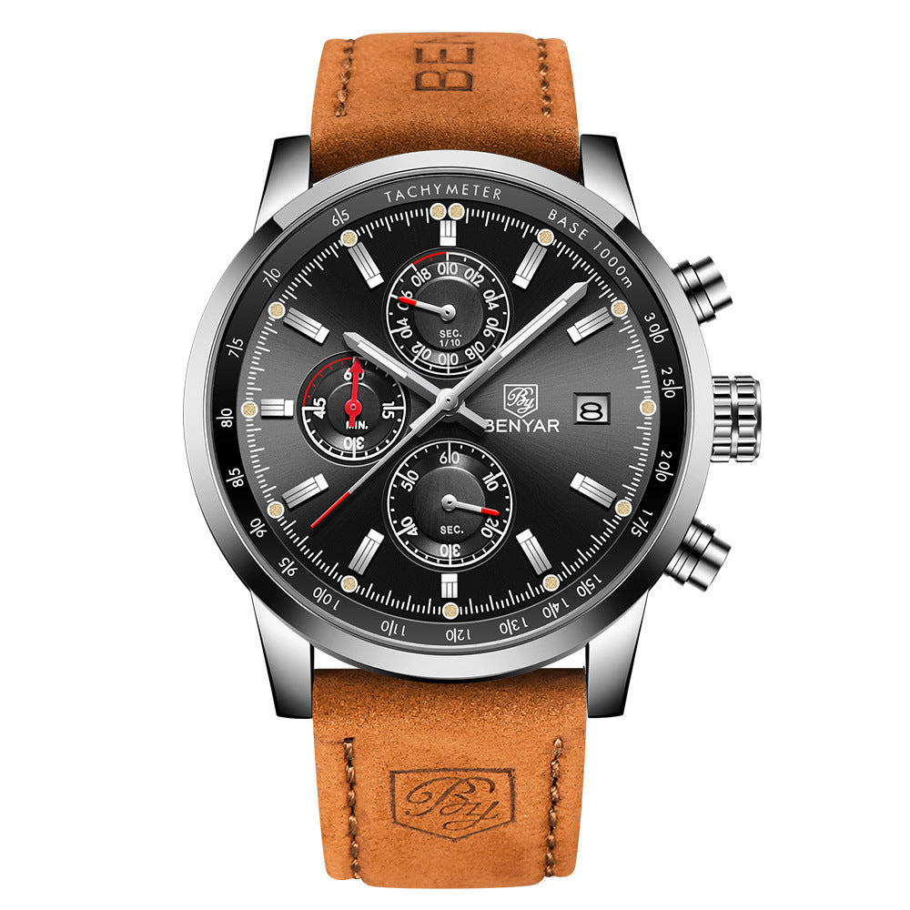 BENYAR Orion Series – Men's Waterproof Leather Strap Watch, Vintage-Inspired Quartz Timepiece with Date Display for Everyday Elegance