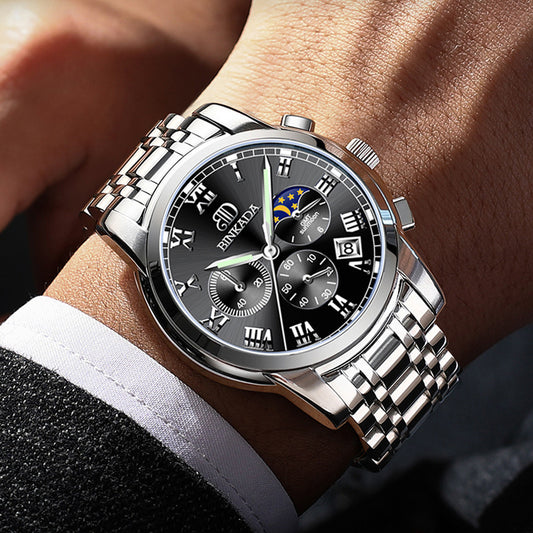 Binkada Men’s Automatic Mechanical Watch – Stainless Steel, Skeleton Dial, Waterproof Luxury Wristwatch
