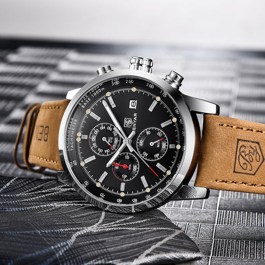 BENYAR Orion Series – Men's Waterproof Leather Strap Watch, Vintage-Inspired Quartz Timepiece with Date Display for Everyday Elegance