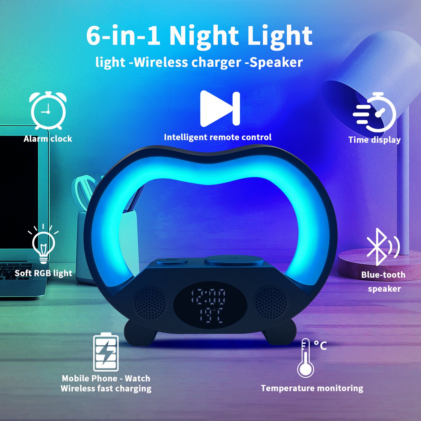6-in-1 Smart LED Lamp with Wireless Charging & Bluetooth Speaker