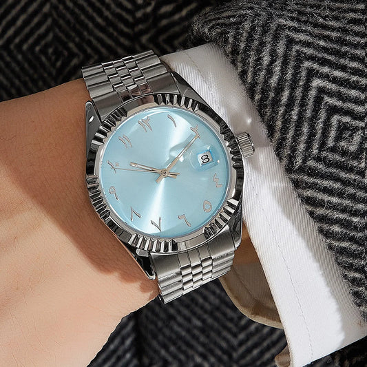 Elegant Baby Blue Arabic Dial Mechanical Wristwatch – Unisex Stainless Steel, Waterproof